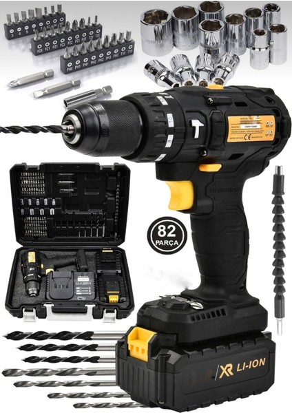 10 Pil ile Güçlü Darbeli Şarjlı Matkap Seti, Çelik Şanzıman, 82 Parça