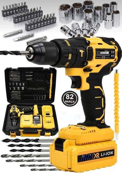 10 Pilli Darbeli Matkap Seti, Akülü Vidalama, Çelik Şanzıman, 82 Parça