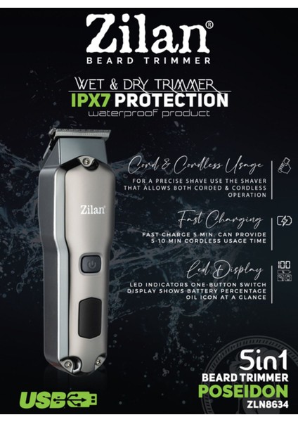 Pro Saç Tıraş Makinesi Su Geçirmez Hızlı Şarj Kablosuz Gümüş