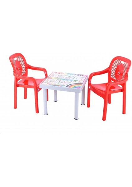 Plastik Mandella Rubi Türkçe Desenli Çocuk Masası 2 Adet Rubi Çocuk Koltuk Kırmızı