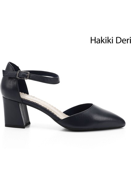 Kadın Lacivert Bilekten Bağlı Orta Topuklu Hakiki Deri Ayakkabı fiyatları