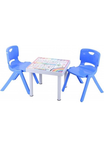 Plastik Mandella Rubi İngilizce Desenli Çocuk Masası 2 Adet Nova Büyük Çocuk Koltuk Mavi