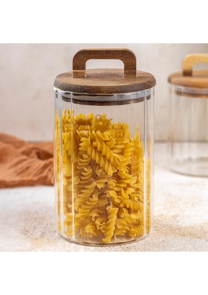 950 ML Borosilikat Cam Kavanoz – Akasya Kapaklı, Çizgili, Kulplu Sızdırmaz Silikonlu