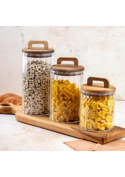 950 ML Borosilikat Cam Kavanoz – Akasya Kapaklı, Çizgili, Kulplu Sızdırmaz Silikonlu indirimleri