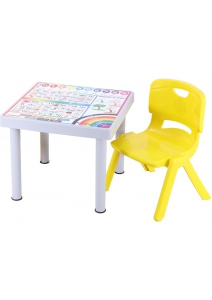 Plastik Mandella Rubi Türkçe Desenli Çocuk Masası 1 Adet Nova Orta Çocuk Koltuk Sarı