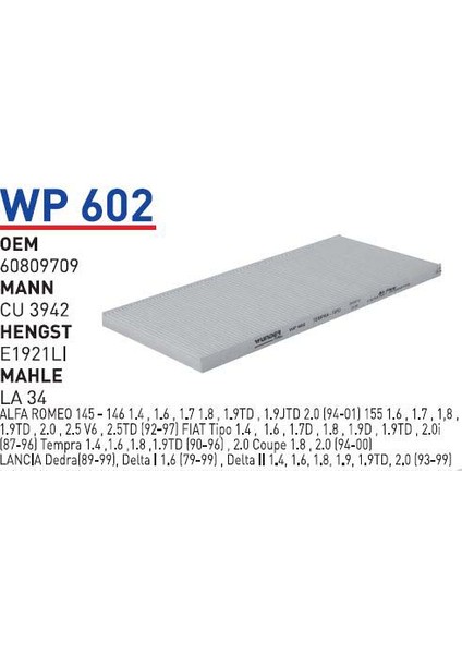 Wp602 Oem 60809709 Fiat tempra 1.4 İe 1.6 İe tipo 1.4 İe 1.6 İe coupe Otomobil polen filtre pollen filter
