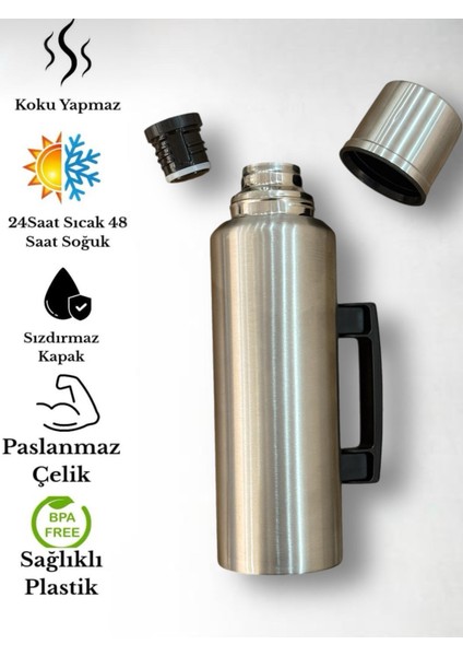 1.5 Litre Çift Katlı Çelik Termos-24 Saat Sıcak, 48 Saat Soğuk, Kulplu fırsatları