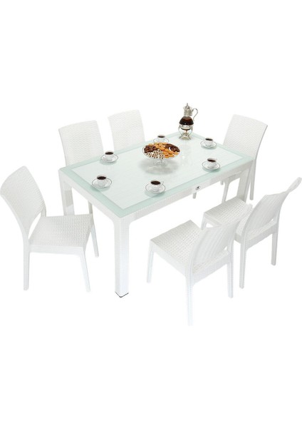 Elit Rattan 90x150 Elit Sandalye Camlı Masa Takımı Beyaz