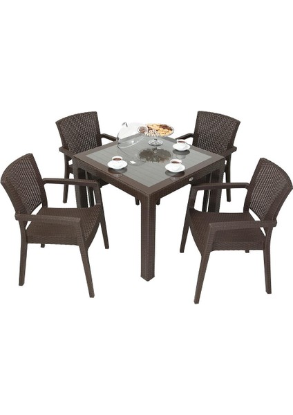 Elit Rattan 90x90 Zeus Koltuk Camlı Masa Takımı KAHVERENGİ