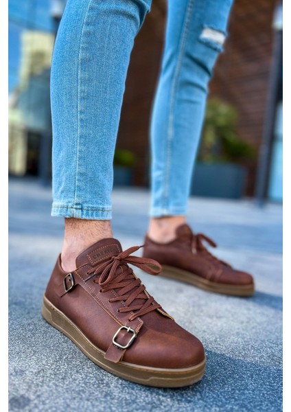 J191 Side Buckle Ortopedik Taban Günlük Cilt Erkek Sneaker Spor Ayakkabı Ctt Taba
