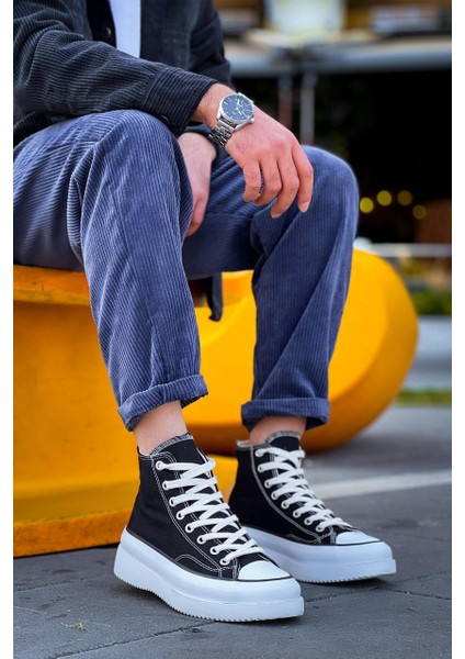 J-Cx-3 Bağcıklı Ortopedik Rahat Taban Uzun Erkek Sneaker Spor Ayakkabı Bt Siyah