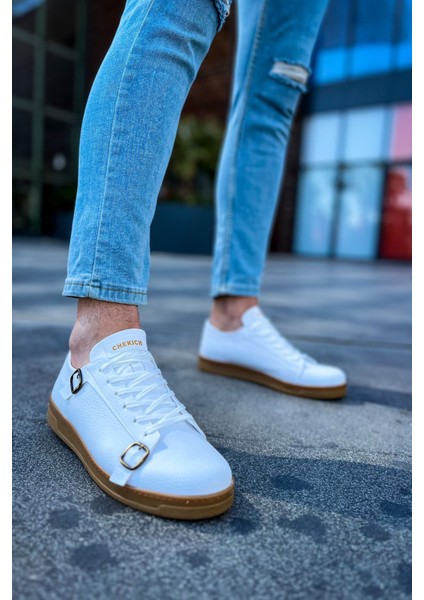 J191 Side Buckle Ortopedik Taban Günlük Cilt Erkek Sneaker Spor Ayakkabı Ctt Beyaz