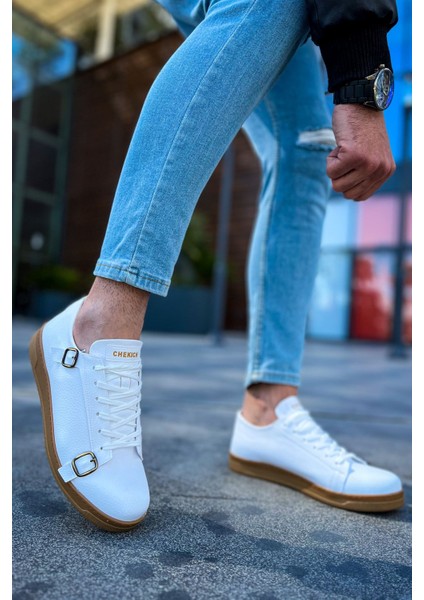 J191 Side Buckle Ortopedik Taban Günlük Cilt Erkek Sneaker Spor Ayakkabı Ctt Beyaz fırsatları
