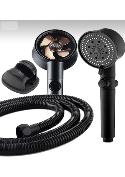 Yeni Nesil Kaliteli Duş Seti Siyah Turbo Pervaneli 5 Fonksiyonlu Duş Başlığı + Hortumu + Mafsalı