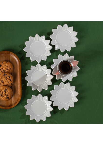 2338 Güneş Motifli 6lı Porselen Çay Tabağı Seti Beyaz - 11,5cm