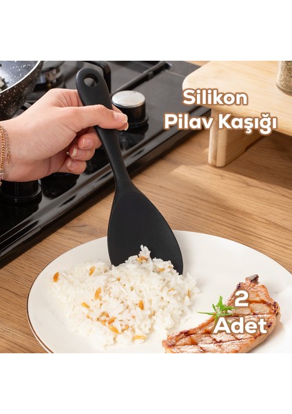 5262 Sert Uçlu Silikon Pilav Kaşığı Dayanıklı Yanmaz Yapışmaz Çizmez Pilav Kepçe Kaşığı Siyah 2 Adet 22CM fiyatları