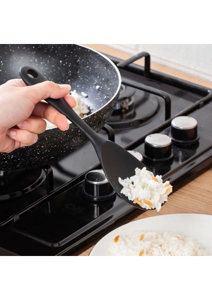 5262 Sert Uçlu Silikon Pilav Kaşığı Dayanıklı Yanmaz Yapışmaz Çizmez Pilav Kepçe Kaşığı Siyah 2 Adet 22CM modelleri