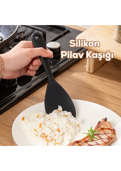 5262 Sert Uçlu Silikon Pilav Kaşığı Dayanıklı Yanmaz Yapışmaz Çizmez Pilav Kepçe Kaşığı Siyah 22CM fiyatları