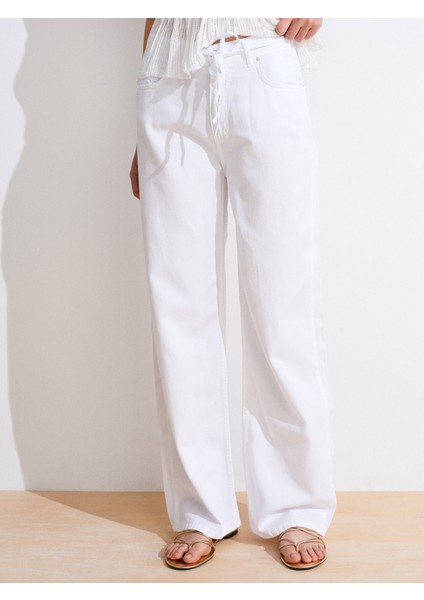 72025 Arkası Lastikli Lyocell Denim Pantolon-Beyaz indirimleri