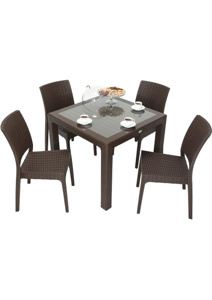 Elit Rattan 90x90 cm Elit Sandalye Camlı Masa Takımı