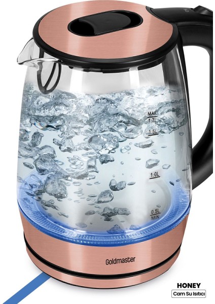 Pembe Cam Kettle, 2200W, 1.7l, Işıklı, Paslanmaz Çelik, Şık ve Kullanışlı