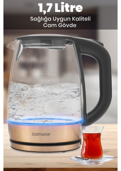 Pembe Cam Kettle, 2200W, 1.7l, Işıklı, Paslanmaz Çelik, Şık ve Kullanışlı