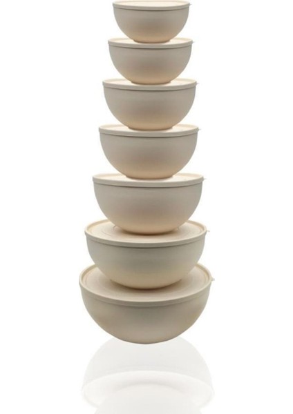 Şık 7'li Yuvarlak Kapaklı Kase Seti, Krem Bej Renkli, Dayanıklı ve Kullanışlı