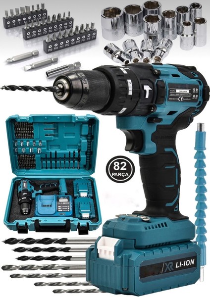 10 Pilli Darbeli Şarjlı Matkap, 82 Parça, Çelik Şanzıman, Bakır Sargı