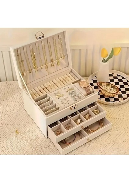 3 Katlı Şık Takı Organizer, Kilitli Suni Deri Kutusu, 23X13X17 cm