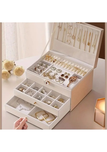 3 Katlı Şık Takı Organizer, Kilitli Suni Deri Kutusu, 23X13X17 cm