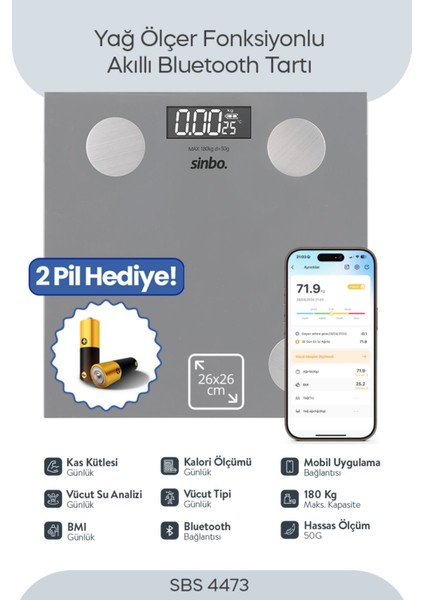 Dijital Bluetooth Tartı, Yağ, Su, Kas ve Vücut Kitle Ölçer, Gri Renk