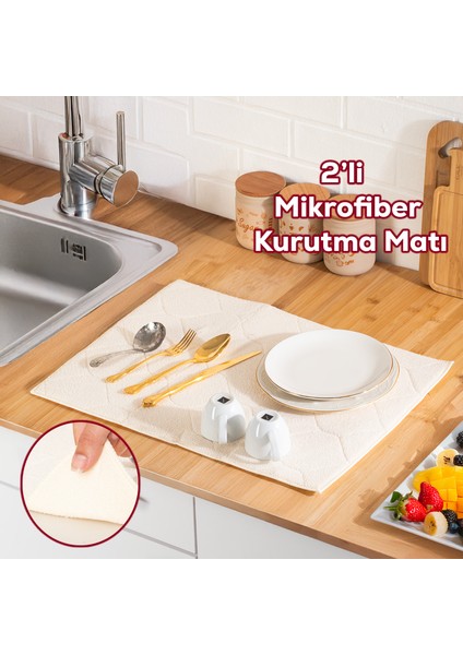 3139-1 2li Mikrofiber Tezgah Üstü Kurutma Matı Kurulama Bezi Süper Emici Bulaşıklık Krem