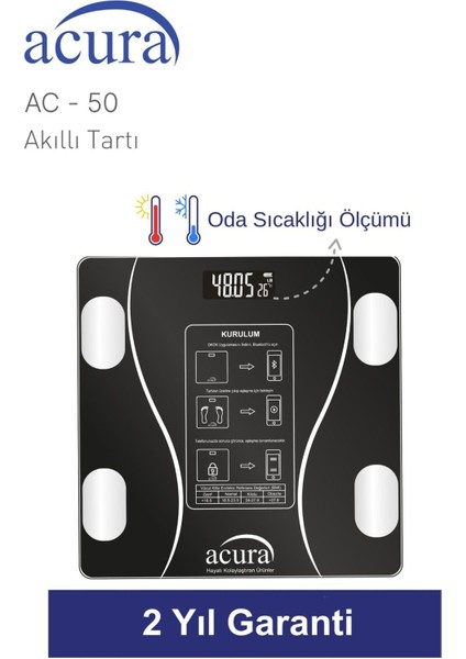 Akıllı Tartı Yağ, Su, Kas ve Kilo Ölçer, Ce Onaylı, Siyah modelleri