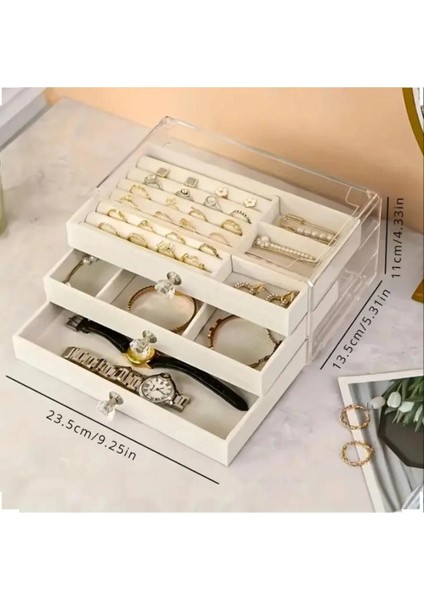 Şık 3 Çekmeceli Takı Kutusu, Düzenleyici ve Organizer, 13X23X11 Bej Renk modelleri