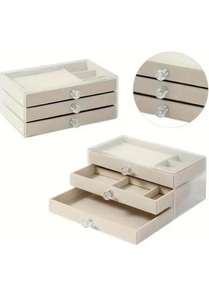 Şık 3 Çekmeceli Takı Kutusu, Düzenleyici ve Organizer, 13X23X11 Bej Renk fırsatları
