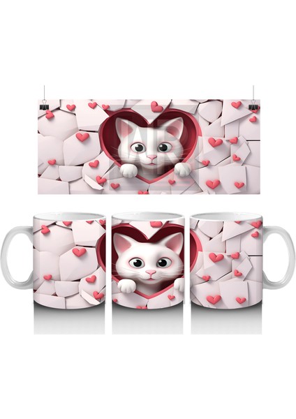 Kalpli Arka Planda Tatlı Kedi Figürü – Baskılı Kupa