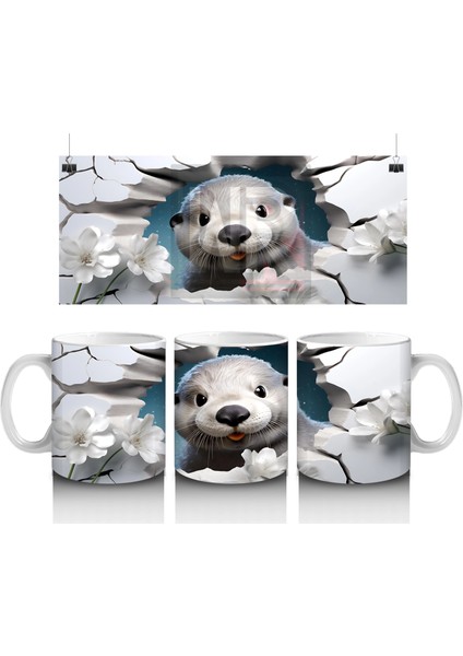 Beyaz Çiçekler Arasında Çatlak Zeminden Bakan Su Samuru - Baskılı Kahve Kupası