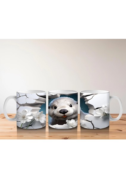 Beyaz Çiçekler Arasında Çatlak Zeminden Bakan Su Samuru - Baskılı Kahve Kupası indirimleri