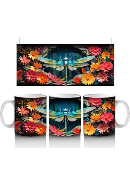 Renkli Çiçekler Arasında Yeşil Yusufçuk – Baskılı Kupa