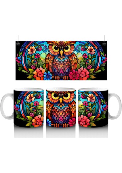 Vitray Baykuş Deseni – Renkli Sanat – Baskılı Kupa