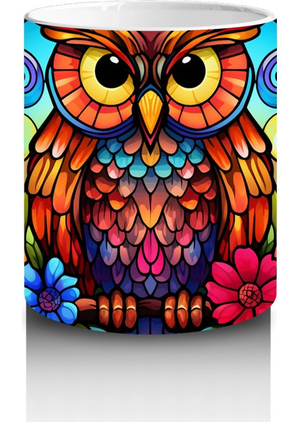 Vitray Baykuş Deseni – Renkli Sanat – Baskılı Kupa modelleri