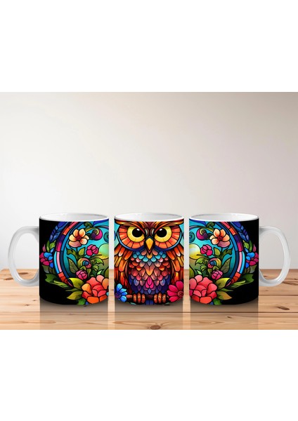 Vitray Baykuş Deseni – Renkli Sanat – Baskılı Kupa indirimleri