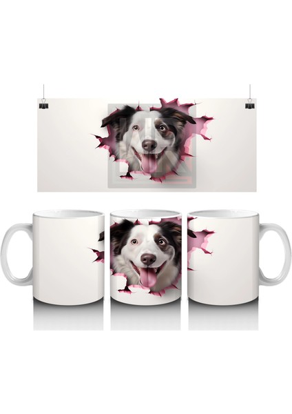 Pembe Yırtık Etkili Desende Gülümseyen Köpek – Baskılı Kupa