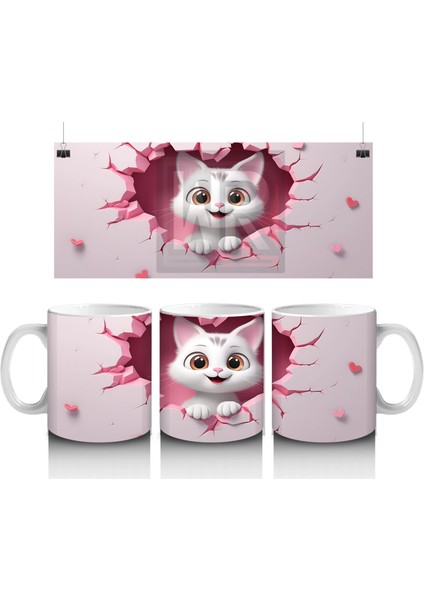 Pembe Zemin Üzerinde Beyaz Kalpli Kedi – Baskılı Kupa