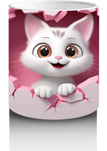 Pembe Zemin Üzerinde Beyaz Kalpli Kedi – Baskılı Kupa modelleri