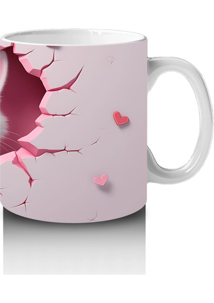 Pembe Zemin Üzerinde Beyaz Kalpli Kedi – Baskılı Kupa fırsatları