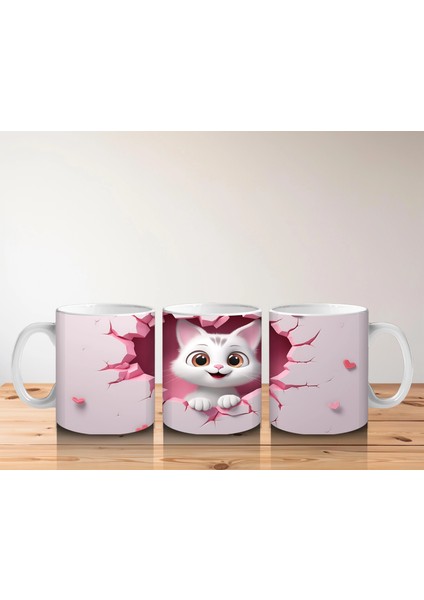 Pembe Zemin Üzerinde Beyaz Kalpli Kedi – Baskılı Kupa indirimleri