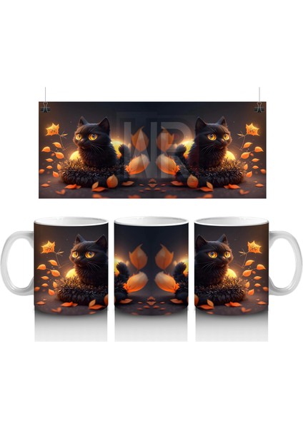 Cadılar Bayramı Temalı Siyah Kediler ve Balkabağı Işıkları – Baskılı Kupa
