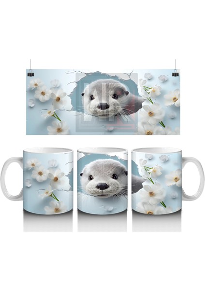 Mavi Fon Üzerinde Su Samuru Figürü – Baskılı Kupa