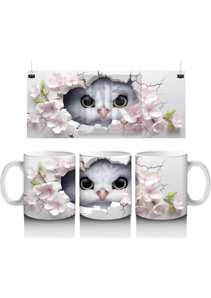 Beyaz Çiçekler Arasında Bakan Sevimli Baykuş Yüzü - Baskılı Kahve Kupası